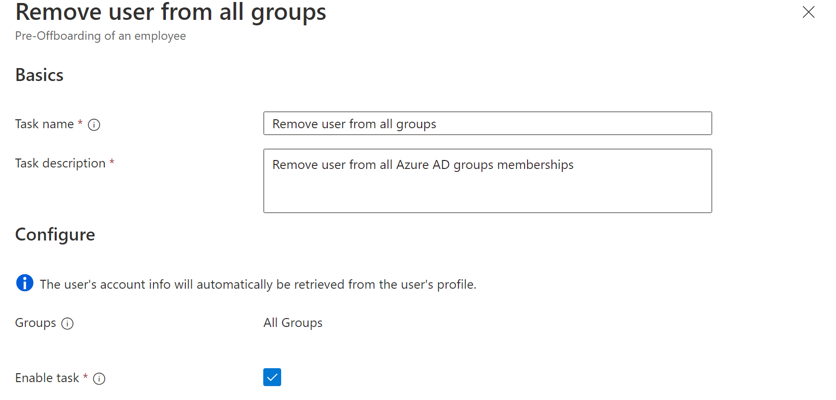 Snímek obrazovky s úlohou Pracovní postupy: Odebrání uživatele ze všech skupin