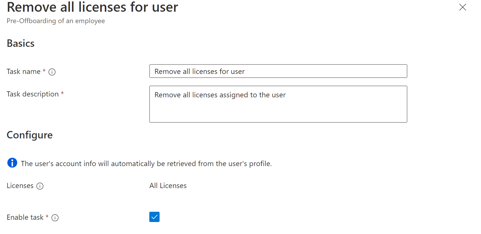 Snímek obrazovky s úlohou Pracovní postupy: Odeberte všechny licence uživatelům.