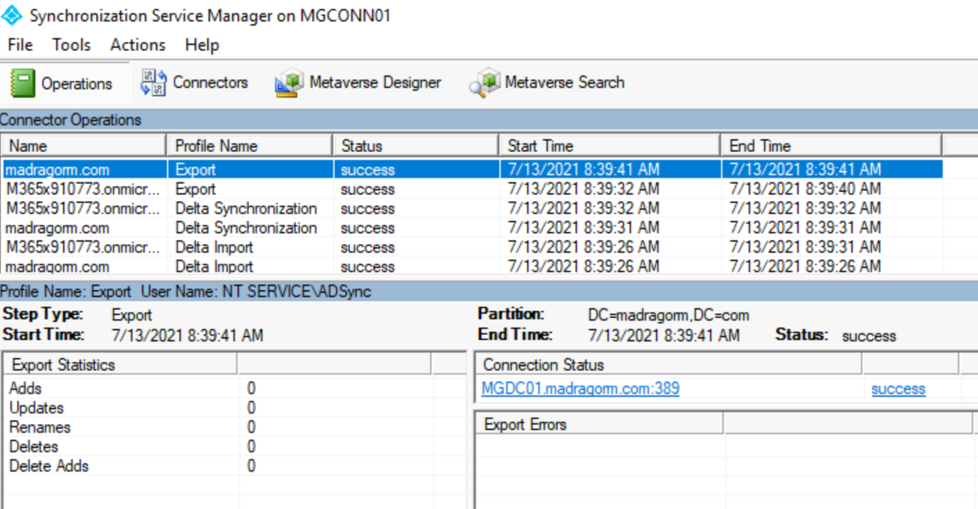Snímek obrazovky znázorňující konzolu synchronizační služby v pracovním dialogovém okně Microsoft Entra Připojení