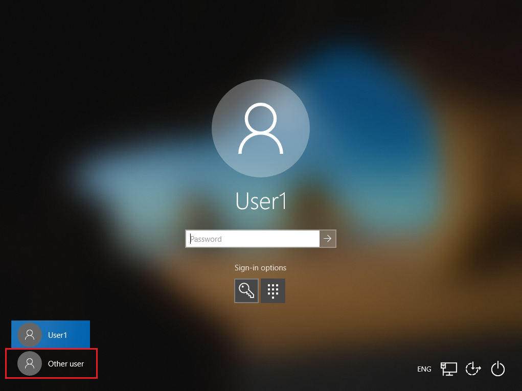 Snímek obrazovky s doménami User-1 a Other-user na přihlašovací obrazovce