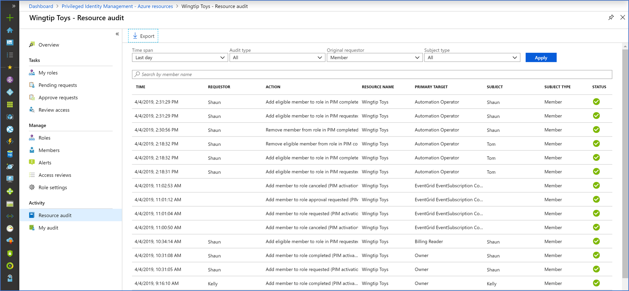 Snímek obrazovky zobrazující seznam auditu prostředků s filtry