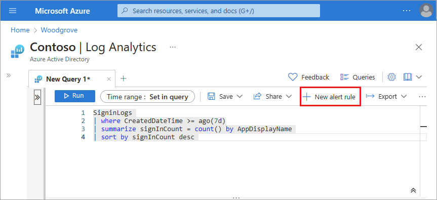 Snímek obrazovky s tlačítkem + Nové pravidlo upozornění v Log Analytics