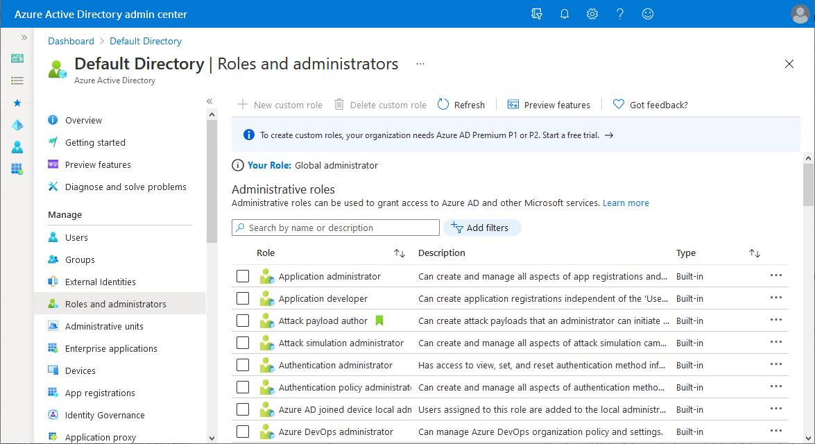 Snímek obrazovky se stránkou Role a správci v Microsoft Entra ID