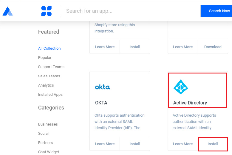Screenshot that highlights the Active Directory section and the Install button.