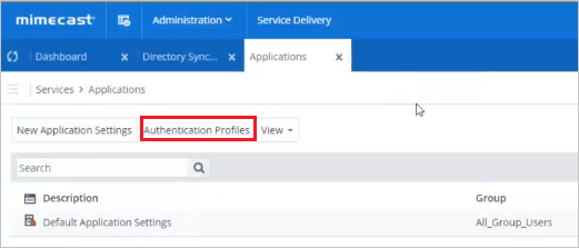 Screenshot shows the Application tab with Authentication Profiles selected.