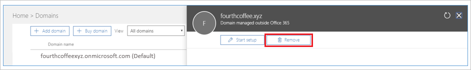 Snímek obrazovky znázorňující možnost odebrání názvu domény z Microsoftu 365