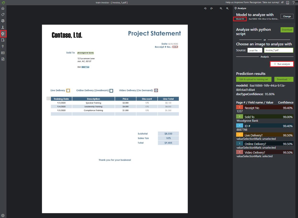 Snímek obrazovky nástroje Document Intelligence s možností analyzovat okno vlastního formuláře