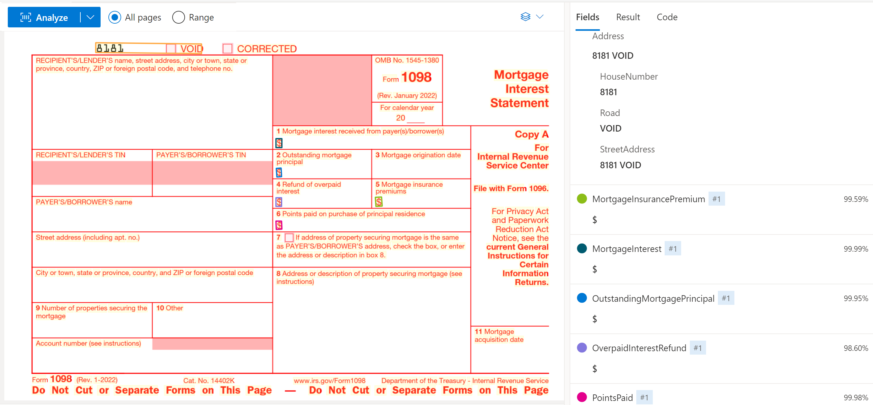 Snímek obrazovky s daňovým formulářem pro USA 1098 analyzovaným v nástroji Document Intelligence Studio