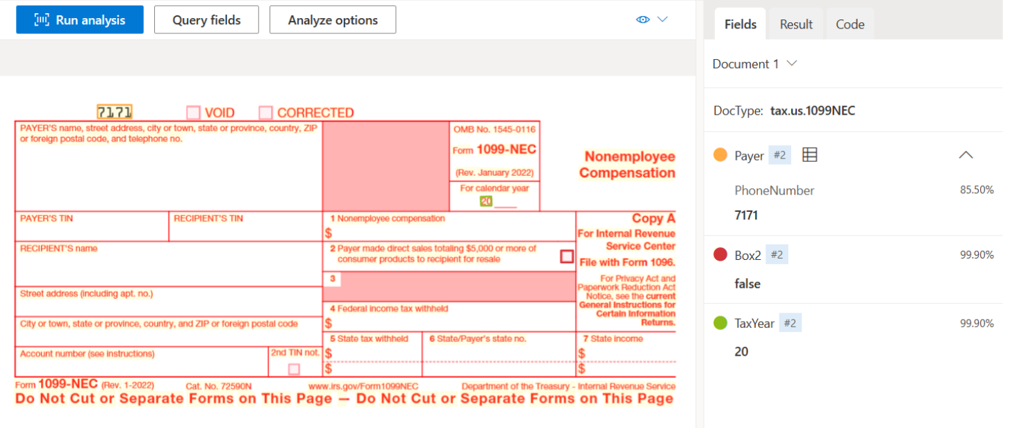 Snímek obrazovky s daňovým formulářem pro USA 1099 analyzovaným v nástroji Document Intelligence Studio
