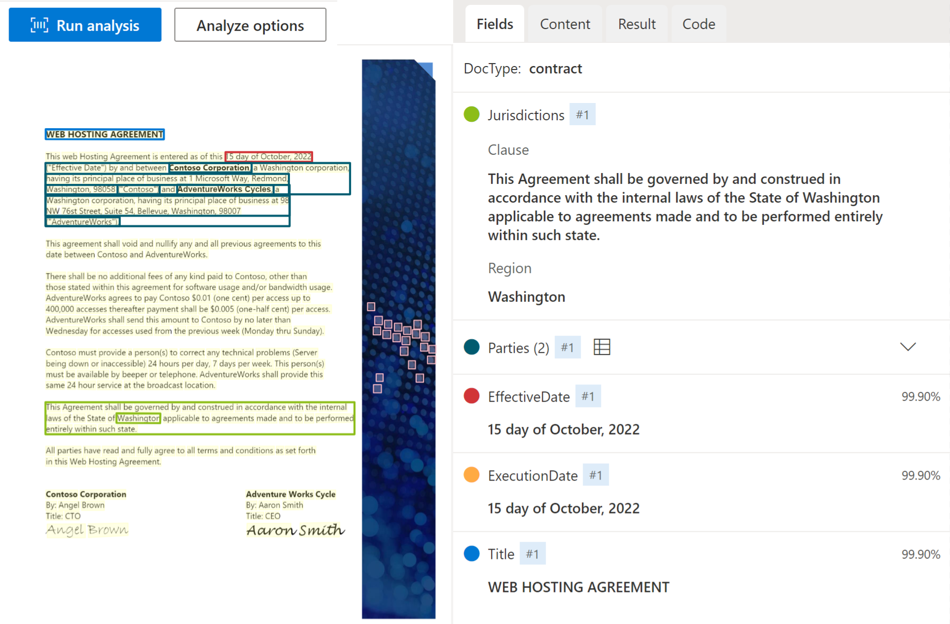 Snímek obrazovky extrakce modelu kontraktu pomocí nástroje Document Intelligence Studio