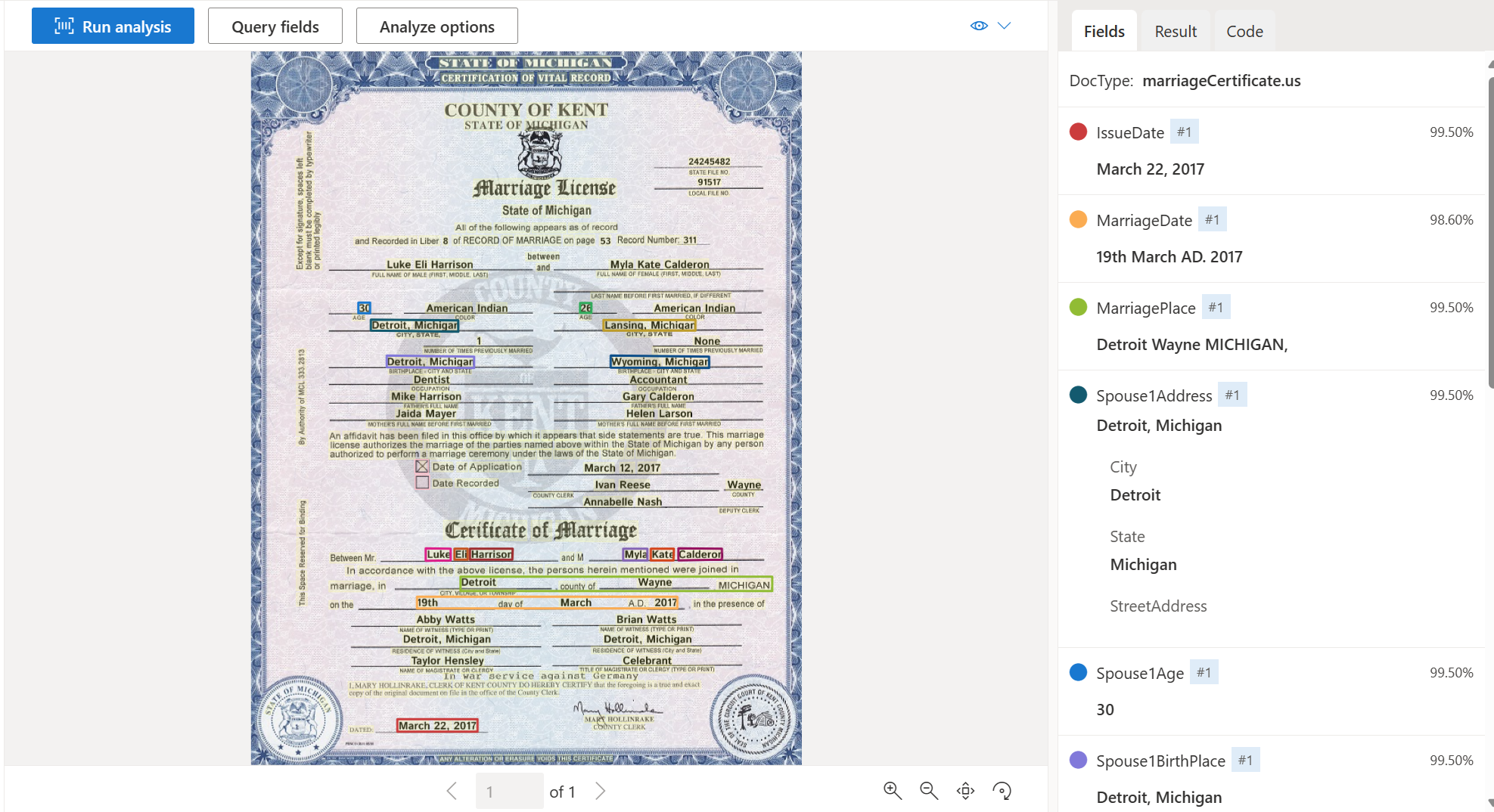 Snímek obrazovky s ukázkovým certifikátem manželství