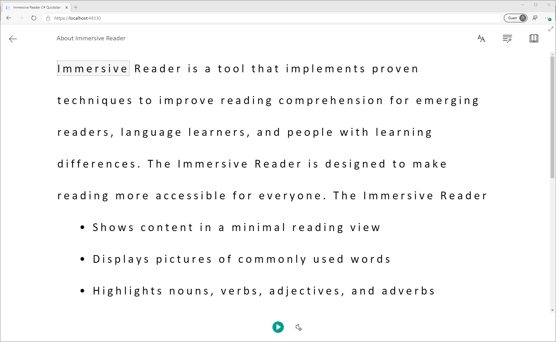 Screenshot of the Immersive Reader app.