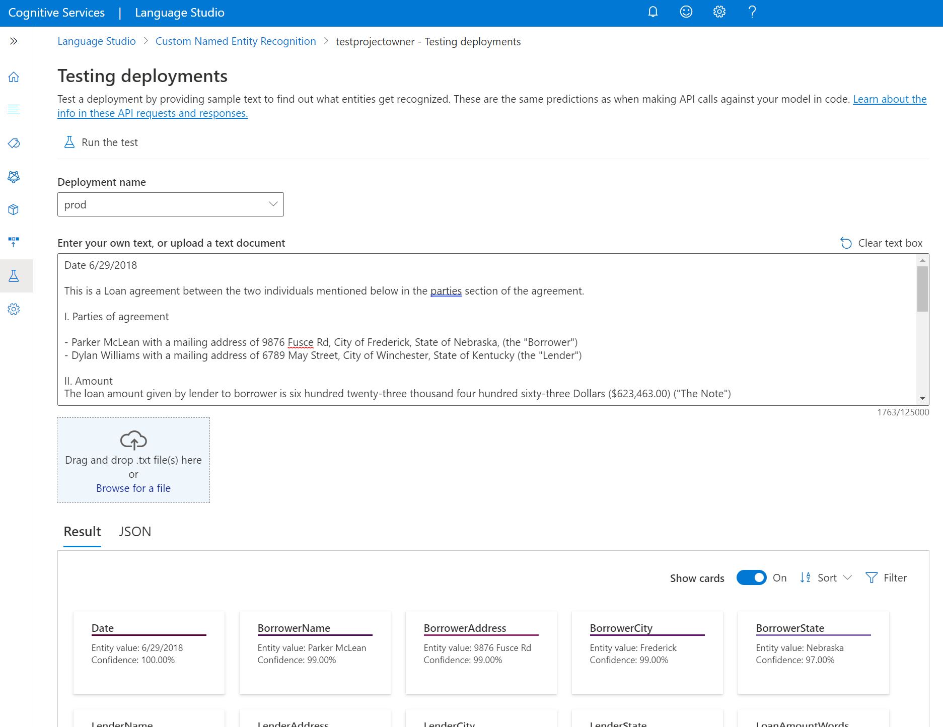 Snímek obrazovky zobrazující výsledky testu modelu