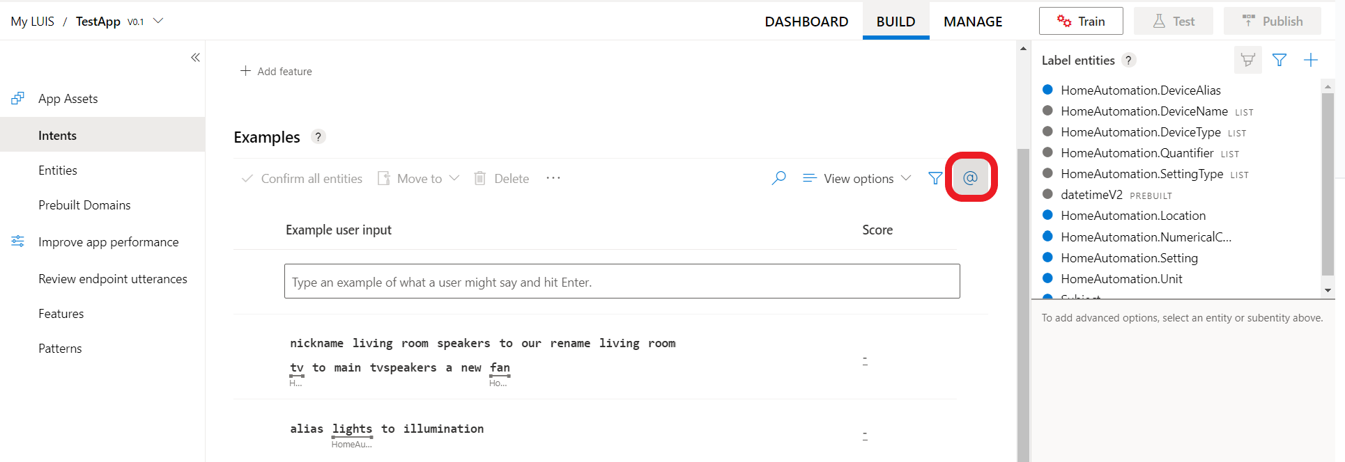 označení entity pomocí palety entit