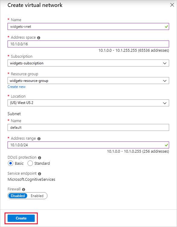 Snímek obrazovky s dialogovým oknem Vytvořit virtuální síť