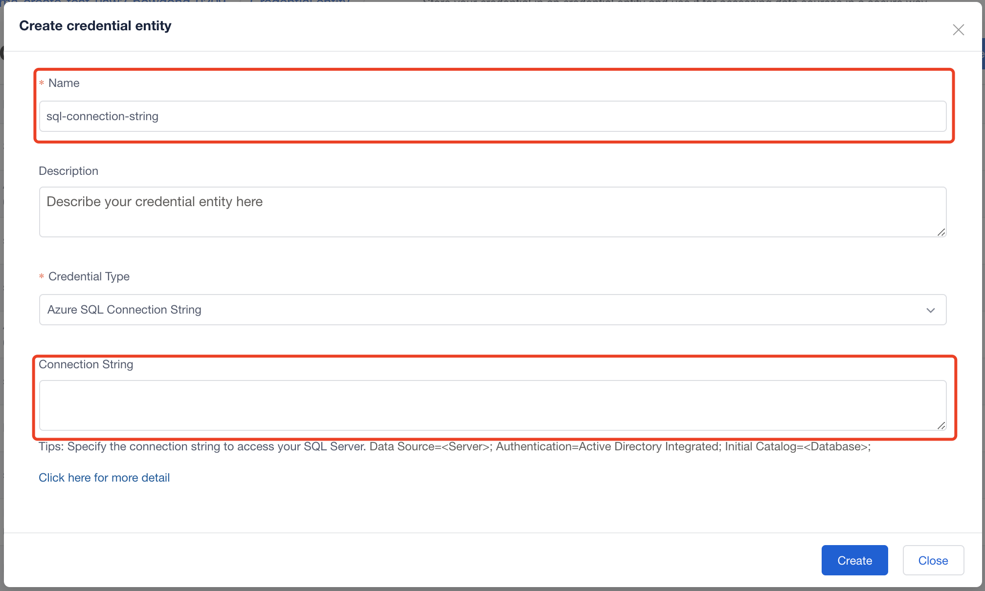 set credential entity for sql connection string