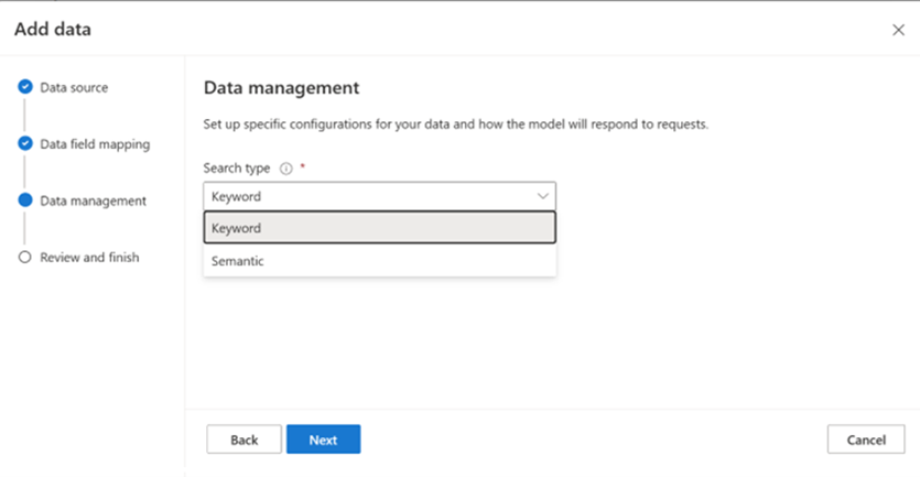 A screenshot showing the data management options for Azure AI Search indexes.