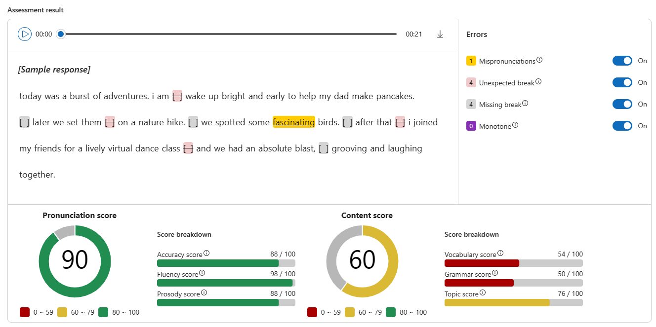 Screenshot of overall pronunciation score and overall content score in AI Studio.