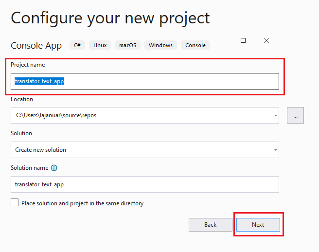 Snímek obrazovky: Dialogové okno pro konfiguraci nového projektu v sadě Visual Studio
