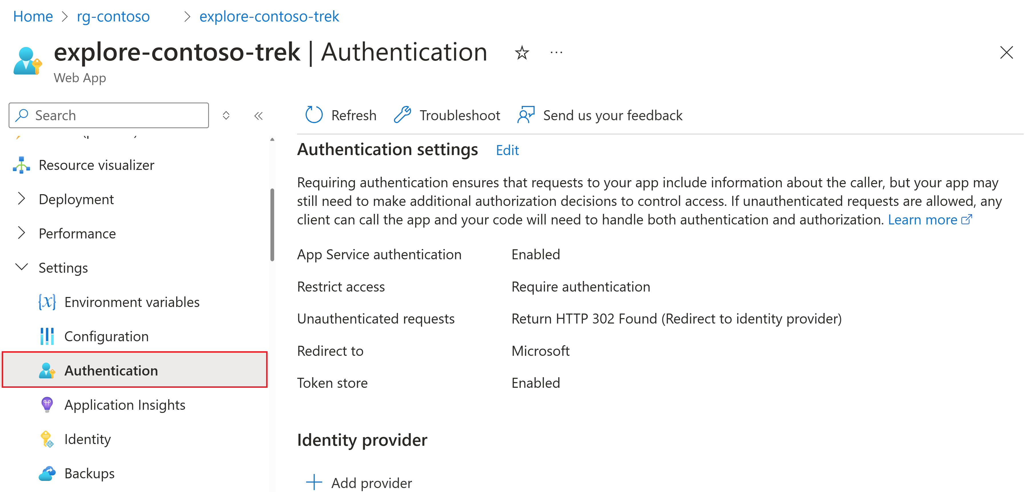 Snímek obrazovky s položkou nabídky ověřování webové aplikace v nastavení na webu Azure Portal