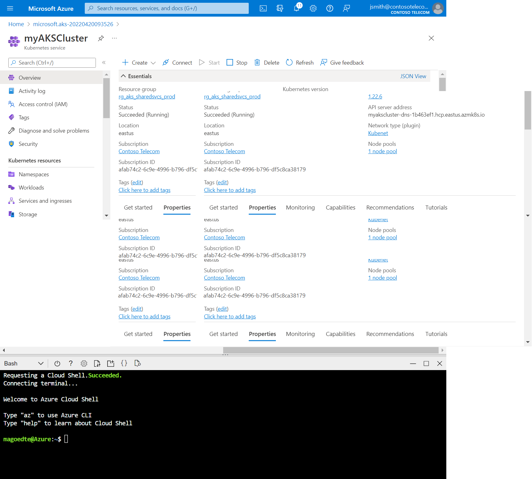 Snímek obrazovky s možností Otevřít azure Cloud Shell na portálu