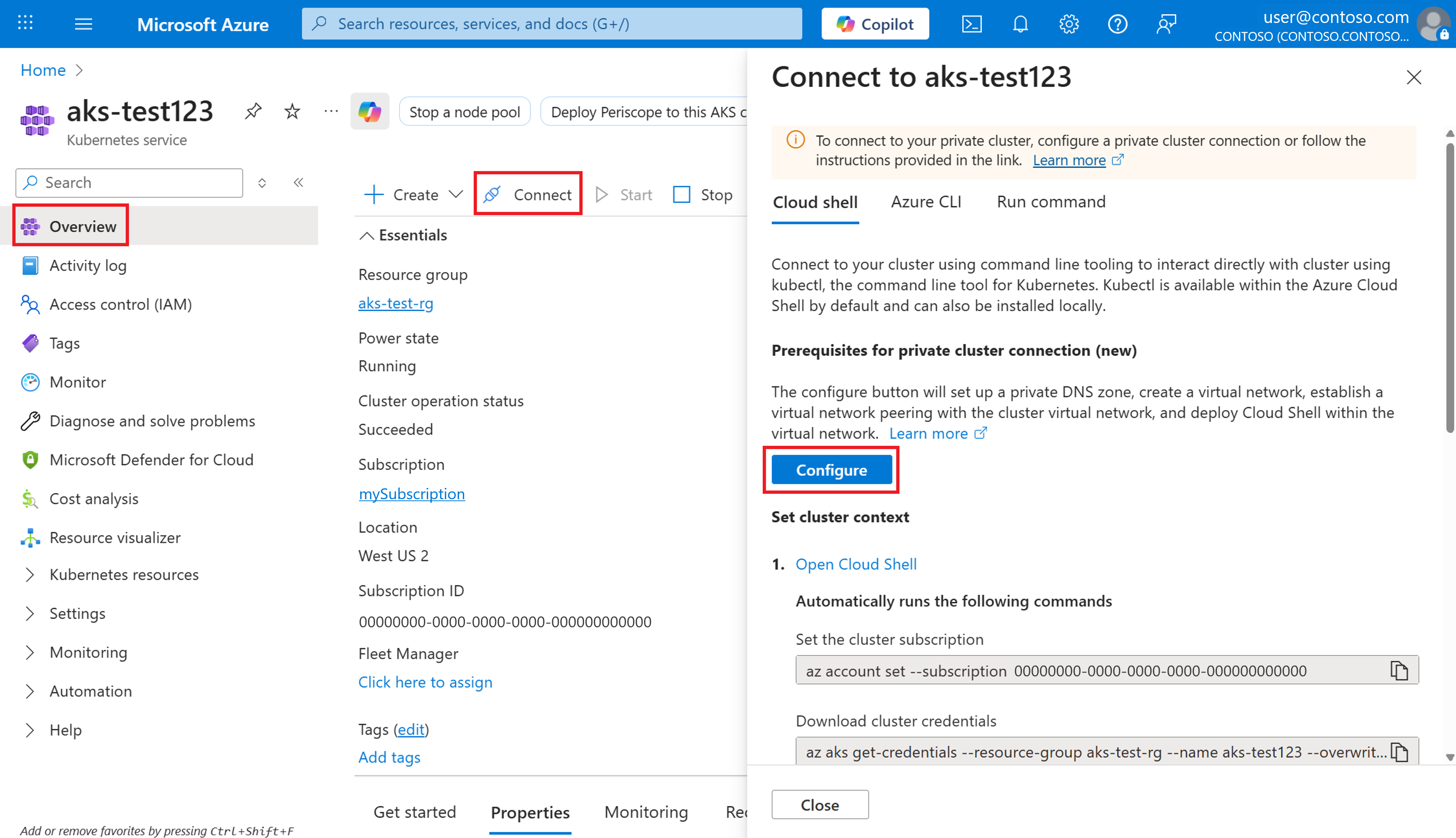 Snímek obrazovky portálu Azure na stránce prostředků privátního clusteru, který zobrazuje tlačítko Připojit s vybranou kartou Cloud Shell.