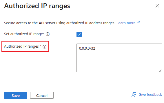Tento snímek obrazovky ukazuje stránku s aktualizacemi autorizovaných rozsahů IP adres prostředku clusteru na webu Azure Portal.