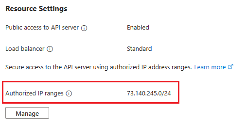 Tento snímek obrazovky ukazuje stávající autorizovaná nastavení sítě PROTOKOLU IP prostředku clusteru na stránce webu Azure Portal.