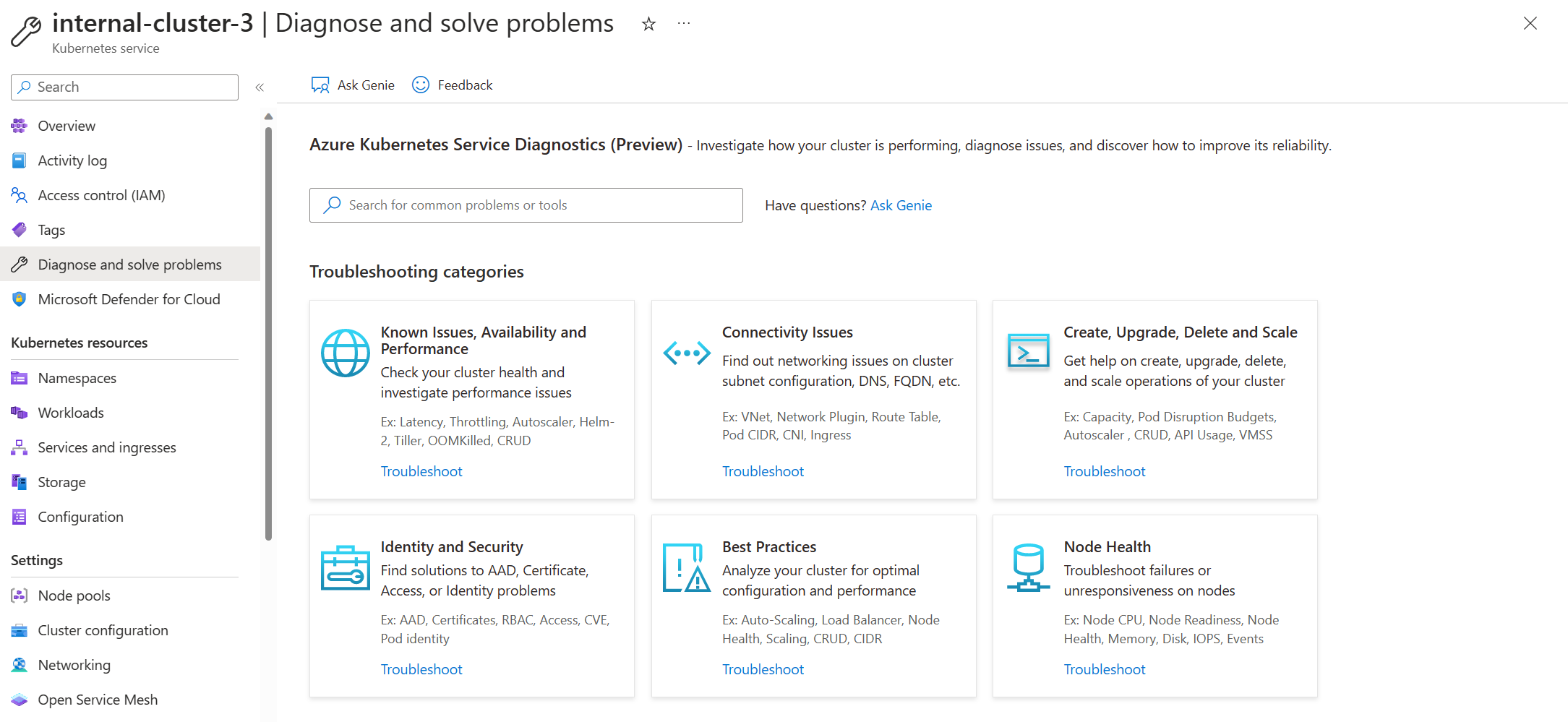 snímek obrazovky domovské stránky diagnostiky a řešení problémů služby AKS