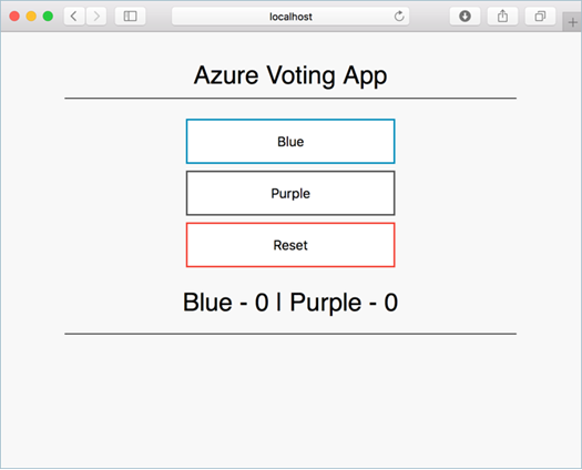 Snímek obrazovky znázorňující příklad aktualizované image kontejneru spuštěné místně otevřené aplikace Azure Voting v místním webovém prohlížeči