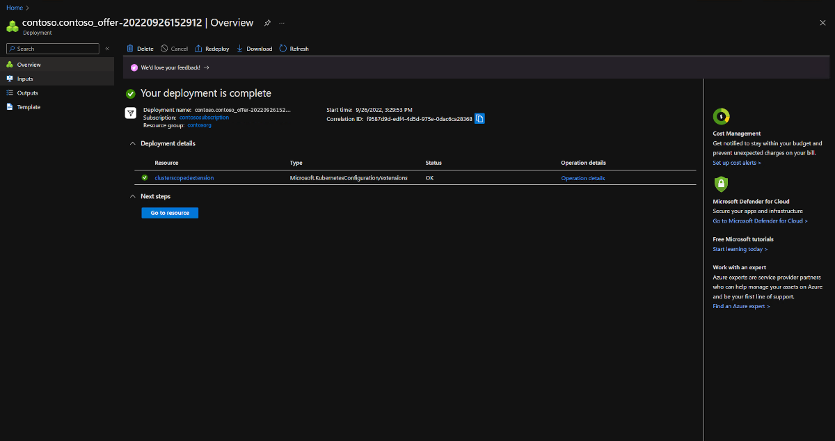 Snímek obrazovky webu Azure Portal znázorňující úspěšné nasazení prostředků do clusteru