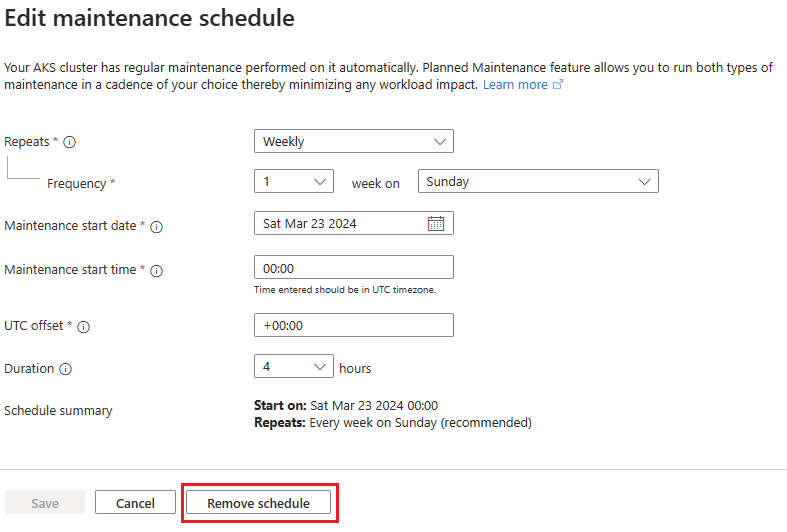 Snímek obrazovky se stránkou Upravit časové období údržby s možností Odebrat plán na webu Azure Portal