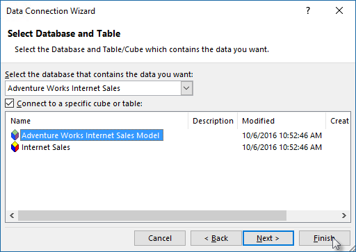Screenshot that shows selecting a model in Data Connection Wizard.