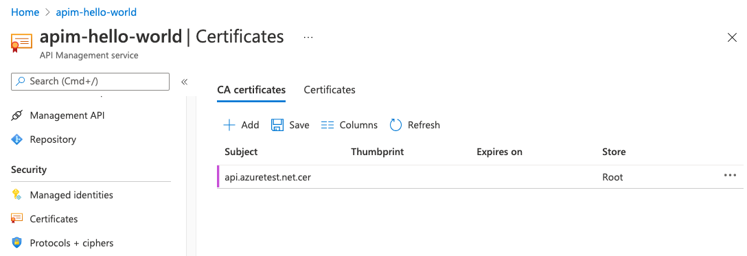 Certifikáty certifikační autority na webu Azure Portal