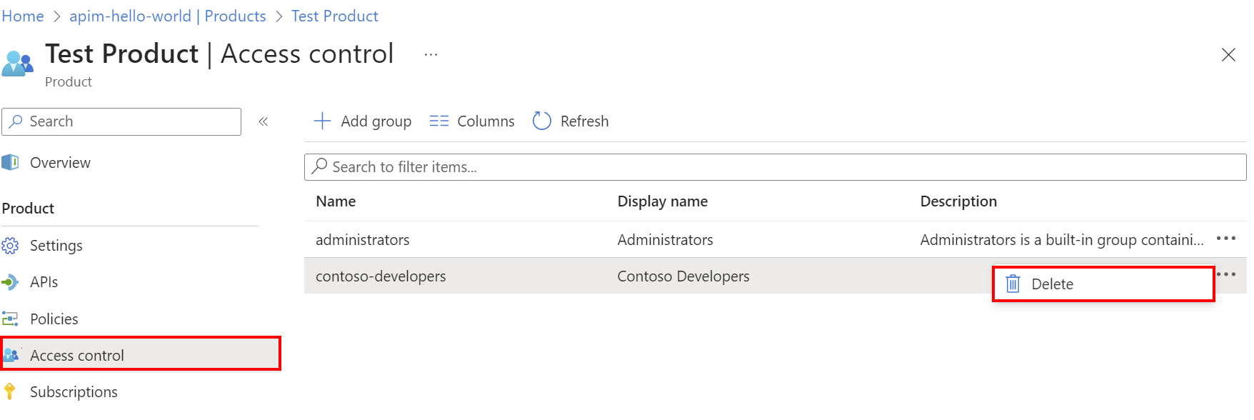 Snímek obrazovky s odebráním skupiny z produktu na portálu