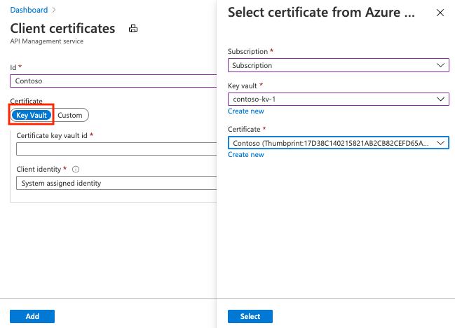Snímek obrazovky s přidáním certifikátu trezoru klíčů do služby API Management na portálu