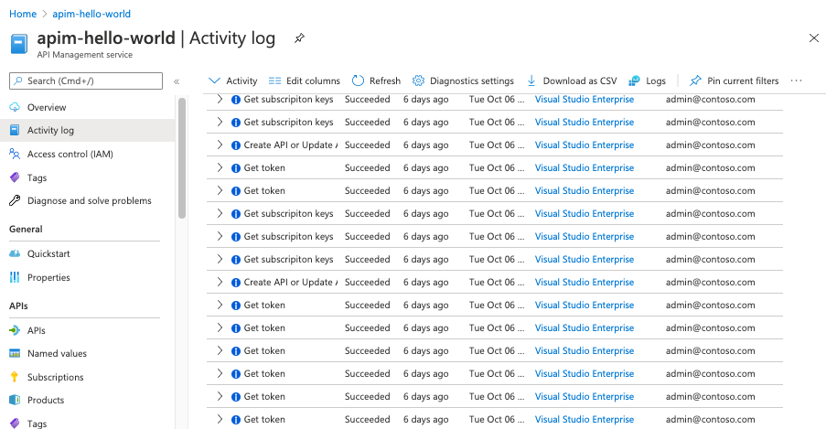 Screenshot of activity log in portal