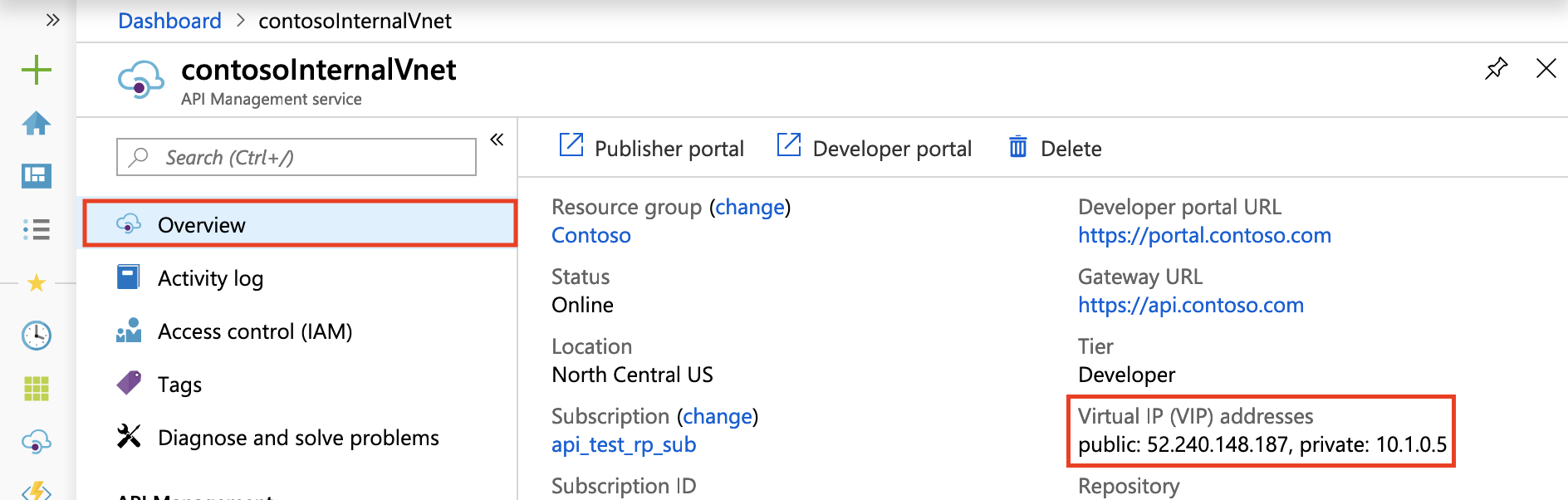 Veřejná a privátní IP adresa adresovaná na webu Azure Portal