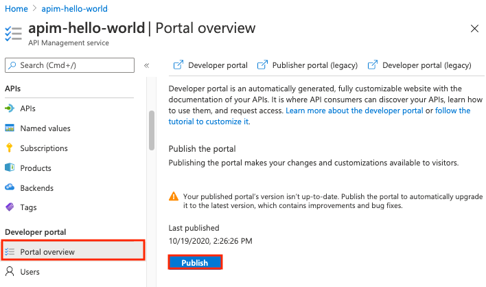 Snímek obrazovky s publikováním portálu pro vývojáře na webu Azure Portal