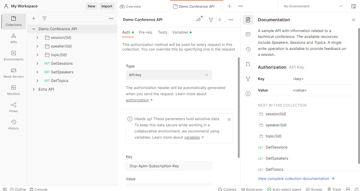 Snímek obrazovky kolekce importované do Postmanu.