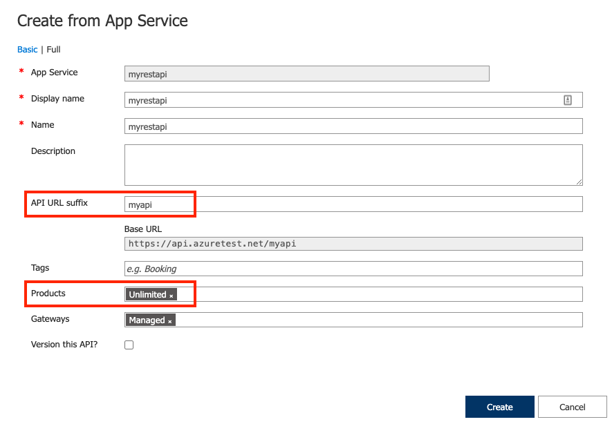 Vytvoření rozhraní API ze služby App Service
