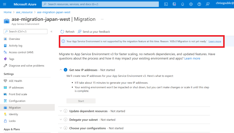 Snímek obrazovky znázorňující ukázkovou zprávu portálu s oznámením, že funkce migrace nepodporuje službu App Service Environment