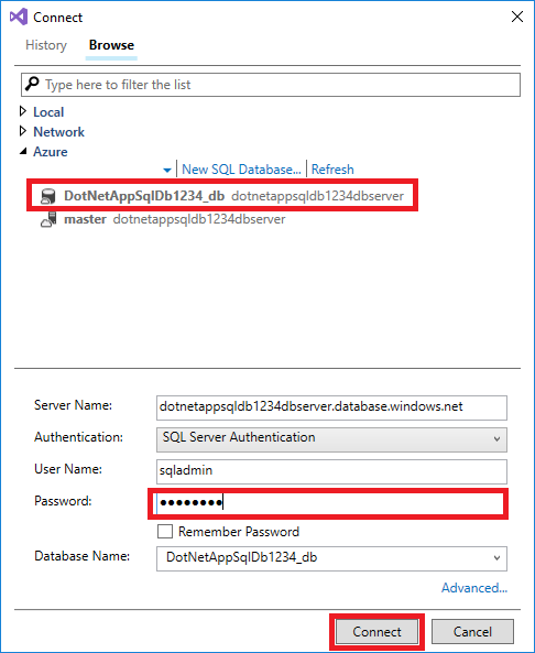 Konfigurace připojení k databázi ze sady Visual Studio