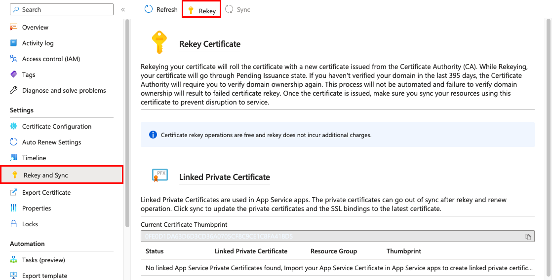 Snímek obrazovky opětovného vytvoření klíče certifikátu služby App Service