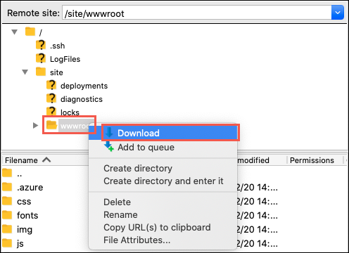 Snímek obrazovky s hierarchií souborů FileZilla Složka wwwroot je zvýrazněná a její místní nabídka je viditelná. V této nabídce je zvýrazněná možnost Stáhnout.