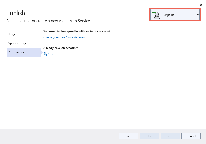 Snímek obrazovky sady Visual Studio – výběr dialogového okna přihlásit se k Azure