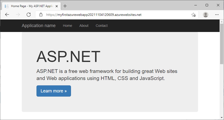 Snímek obrazovky webové aplikace sady Visual Studio – ASP.NET Framework 4.8 v Azure