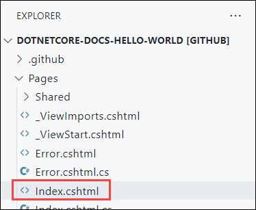 Snímek obrazovky okna Průzkumníka z editoru Visual Studio Code v prohlížeči se zvýrazněným souborem Index.cshtml v úložišti dotnetcore-docs-hello-world
