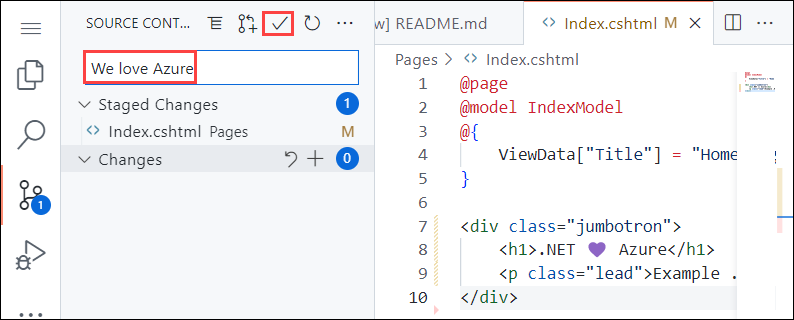 Snímek obrazovky editoru Visual Studio Code v prohlížeči, panelu Správa zdrojového kódu se zprávou o potvrzení 