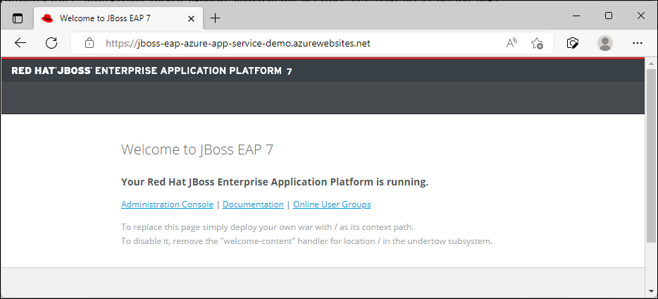 Snímek obrazovky s Azure App Service JBoss EAP v prohlížeči, který zobrazuje výchozí zástupný symbol JBoss EAP7